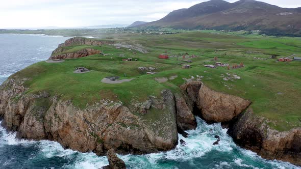 Aerial View of the Ruins of Lenan Head Fort at the North Coast of County Donegal Ireland alt