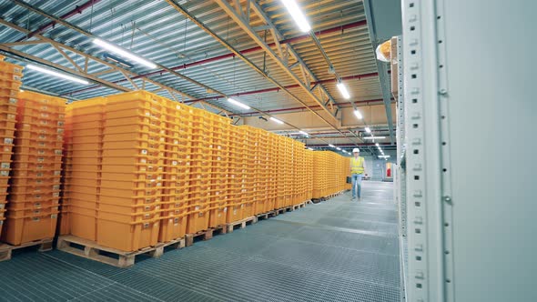 Male Specialist is Walking Along the Warehouse alt