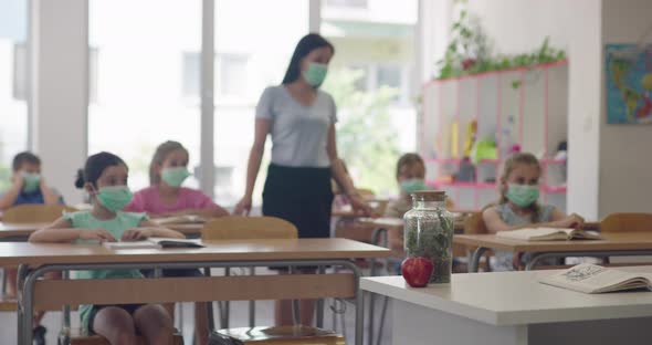 Female Teacher Wearing Face Mask at School Teaching Children at School Classroom alt