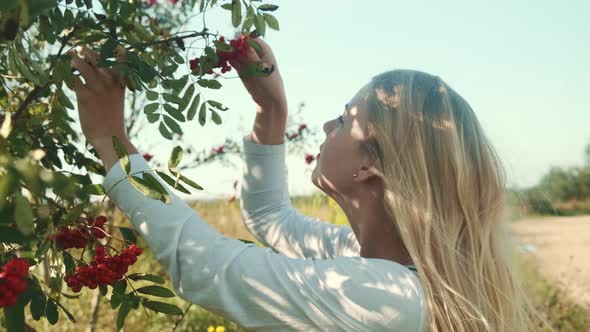 A Young Girl in a Beautiful Dress is Standing Near a Rowan Tree alt