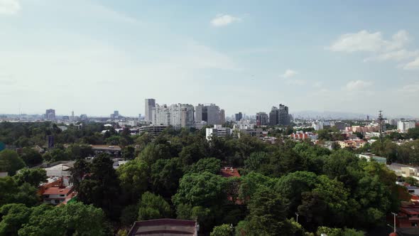 Aerial View Over Treetops In The Coyoacan Borough In Mexico City. Dolly Right alt