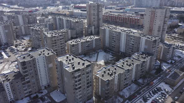 Aerial Panoramic of Downtown Soviet High-Rise Buildings in Vilnius Fabijoniskes District alt