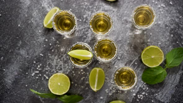 Top View of Golden Tequila Shots Served with Lime and Sea Salt on Table