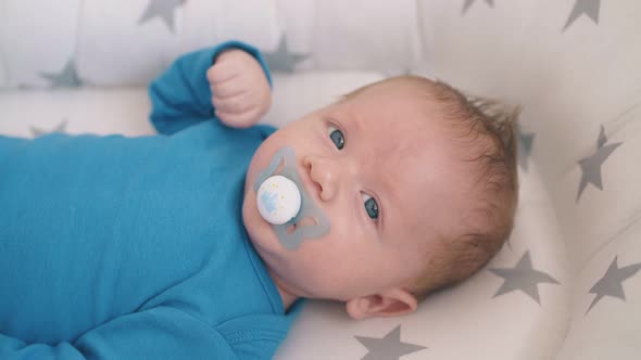 Funny Little Boy Rests Sucking Dummy in Sleeping Cocoon alt