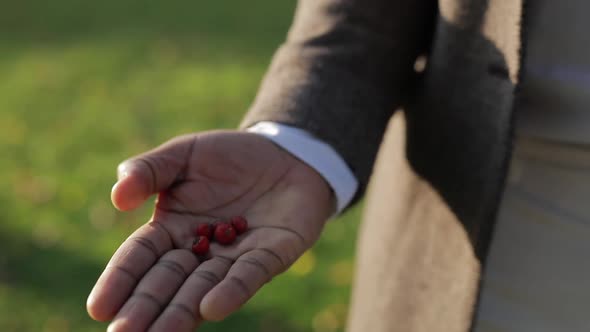 African-American Man Shows Red Berries in Hand