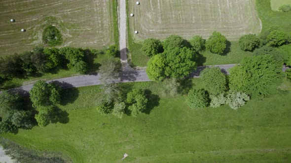 Aerial Top Down Static View of Countryside Rural Road-Trail intersection, Paved Road and Narrow Empt alt
