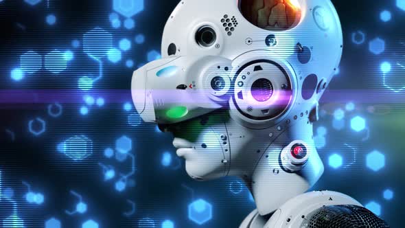 VR helmet. Portrait of a robot wearing a VR helmet alt