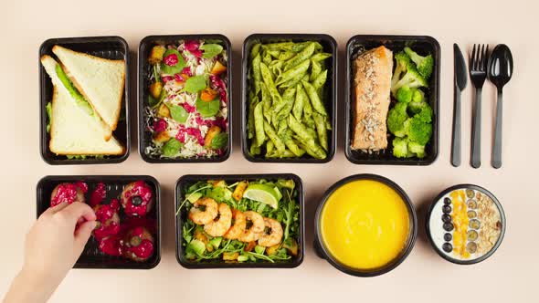 Food Delivery Top View Take Away Meals in Disposable Containers alt