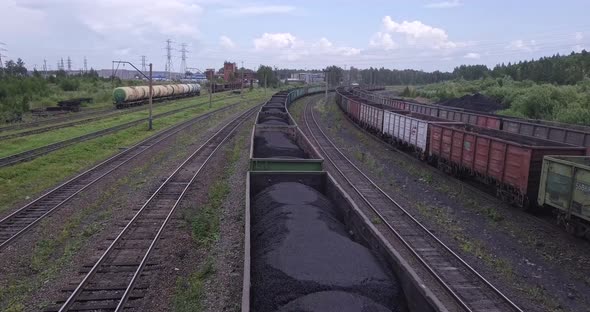 Coal Transportation by Railroad Cars, Aerial View. alt