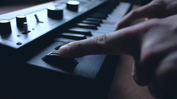 Musician playing on musical keyboard. alt