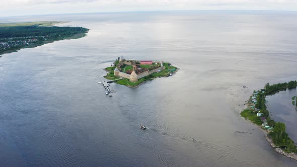 Aerial View on Fortress Oreshek in Ladoga Lake, Russia