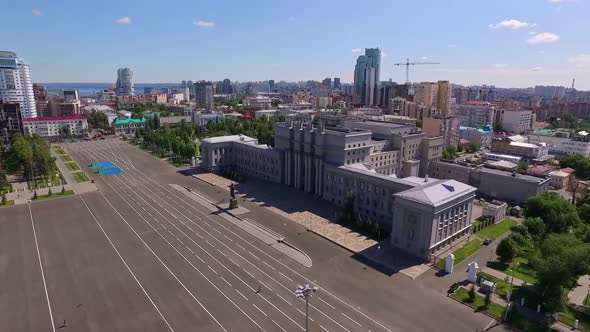 Aerial View of Beautiful Building of Samara Opera Theater and Kuybyshev Square at Sunny Summer Day