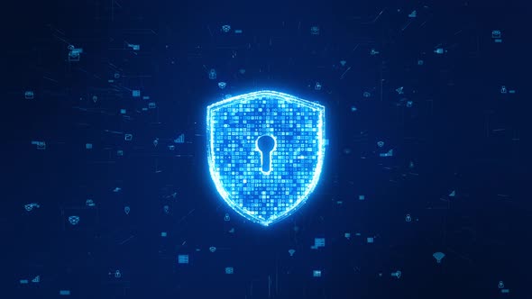 Blue particle shield logo with digital futuristic technology icon