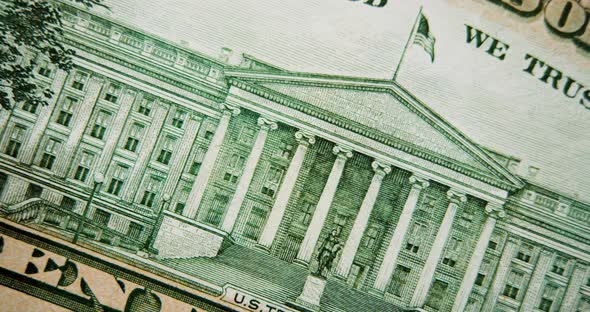 The Camera Moving Along the Back of a Ten Dollar Bill the US Treasury Building on the Back of a Ten alt