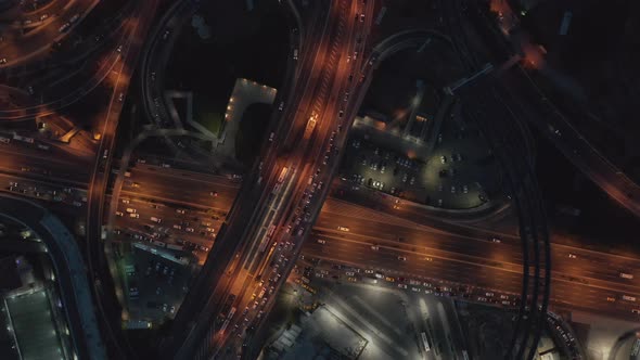 Scenic View of Multiple Lane Freeway Road at Night with Traffic Jam, Aerial Overhead Birds Eye View alt