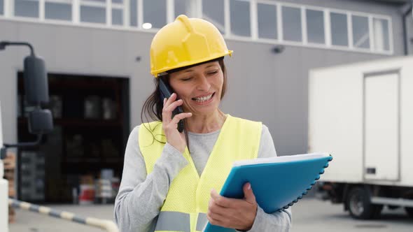 Caucasian woman in front of warehouse talking by mobile phone. Shot with RED helium camera in 8K. alt