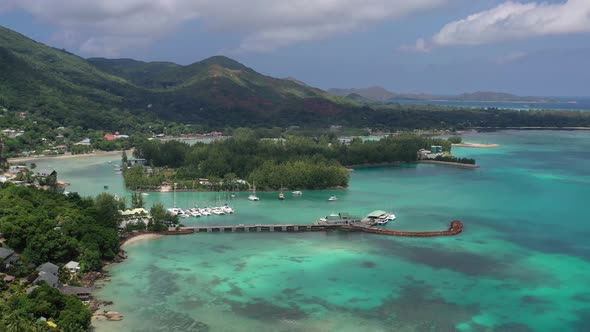 Aerial view of palm trees and coastline Praslin, Seychelles