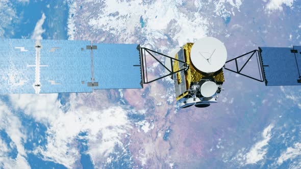 Shot with zoom-out camera movement showing satellites orbiting the Earth alt