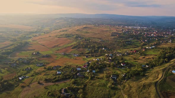 Landscape of a field and a village of western Ukraine. Aerial view.