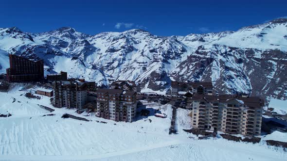 Panoramic view of Ski station centre resort at snowy Andes Mountains. alt