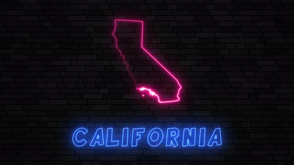 State of California map silhouette with neon line on a dark brick wall background alt