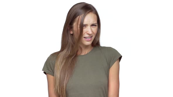 Slomo Young Confident Woman Gesturing Total Rejection Denying Proposal with Facial Expresions and alt