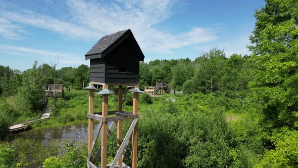 Bat conservation house maternity roost in forest, summer day, descending shot alt