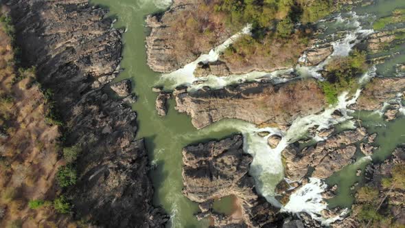 Aerial: flying over Don Det and the 4000 islands Mekong River in Laos alt