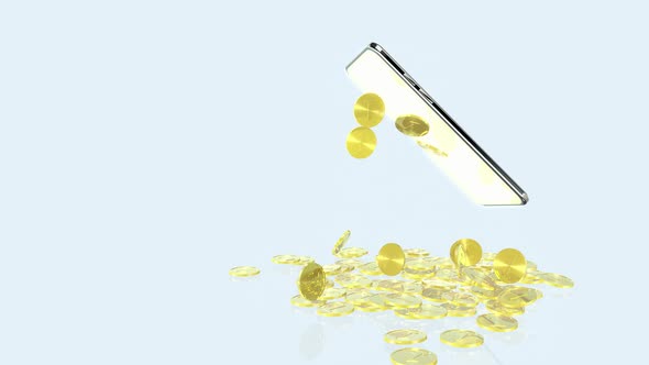 Modern mobile phone and lots of coins. alt