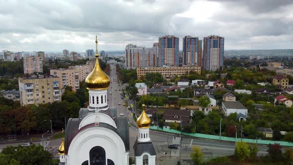 Kharkiv city cathedral aerial. Scenic cityscape