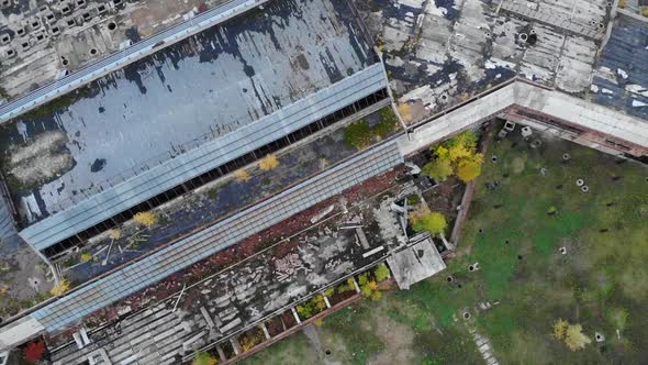 Top Down View on Rusted Building of Abandoned Airport alt