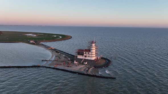 Aerial View of the Paard Van Marken at Sunrise Traditional Historic Monument Lighthouse on the alt