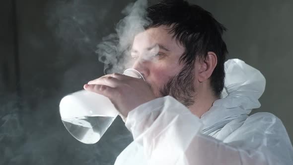 Joke in lab. man drinks solution of liquid nitrogen from beaker. fun experience. alt