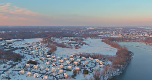 Wonderful Winter Scenery Roof Houses Covered Snow on the Aerial View with Residential Small American alt