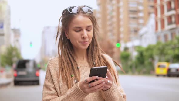 Hipster Girl Texting Message Outdoor alt