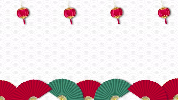 Oriental style motion graphic with red Chinese lanterns and fans on gray pattern background