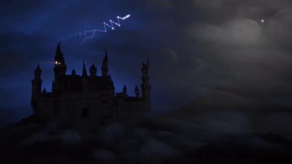 Old castle on top of a hill with forked lighting in a spooky haunted shot