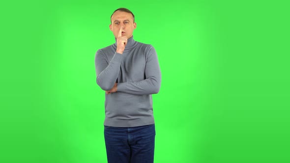 Male Focused Thinking About Something and Then an Idea Coming To Him. Green Screen alt