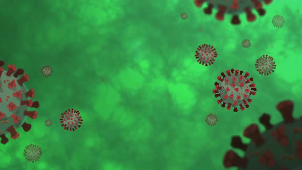 Coronavirus or COVID-19 particles moving in green microscopic background