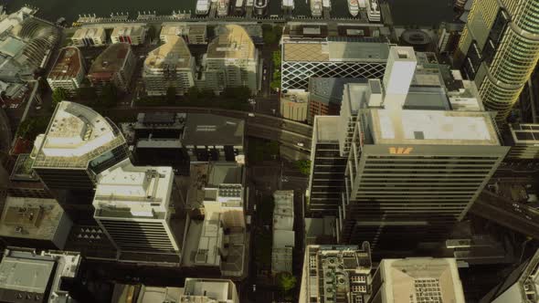 Drone Aerial View Of A Central Business District Area And Bay
