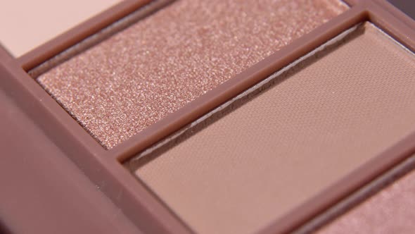 Eyeshadow palette natural shades for makeup close up. Camera moving bottom to up alt