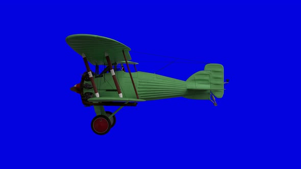 Animated propeller biplane airplane. Side view. Realistic physics animation. Blue screen footage alt