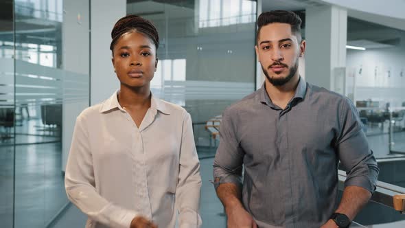 Portrait Business People African Lady Businesswoman and Adult Arabian Man Boss Manager Standing in alt