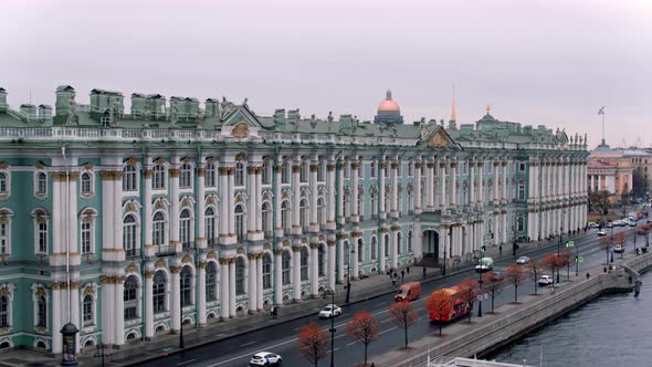 Aerial view of Saint Petersburg cityscape Hermitage Imperial Palace sculpture facade