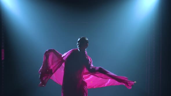Silhouette a Young Girl Dancer in a Red Sari. Indian Folk Dance. Shot in a Dark Studio with Smoke alt