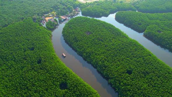 Aerial view over a fishing village with mangroves surrounding alt