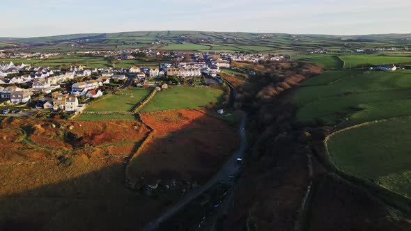 Aerial view over the town by the ocean  Launceston, Cornwall, UK.