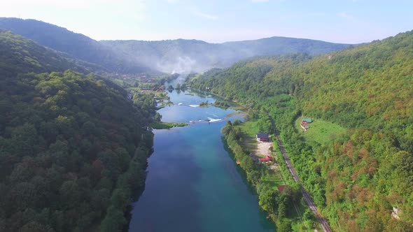 Aerial view of canyon and waterfalls on Una river, Bosnia alt