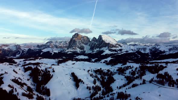 Flying over Alpe di Siusi in the Italian Dolomites during late afternoon hours alt