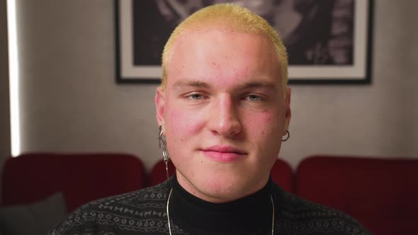 Close Up Cheerful Homosexual Man Looking To Camera and Smiling alt